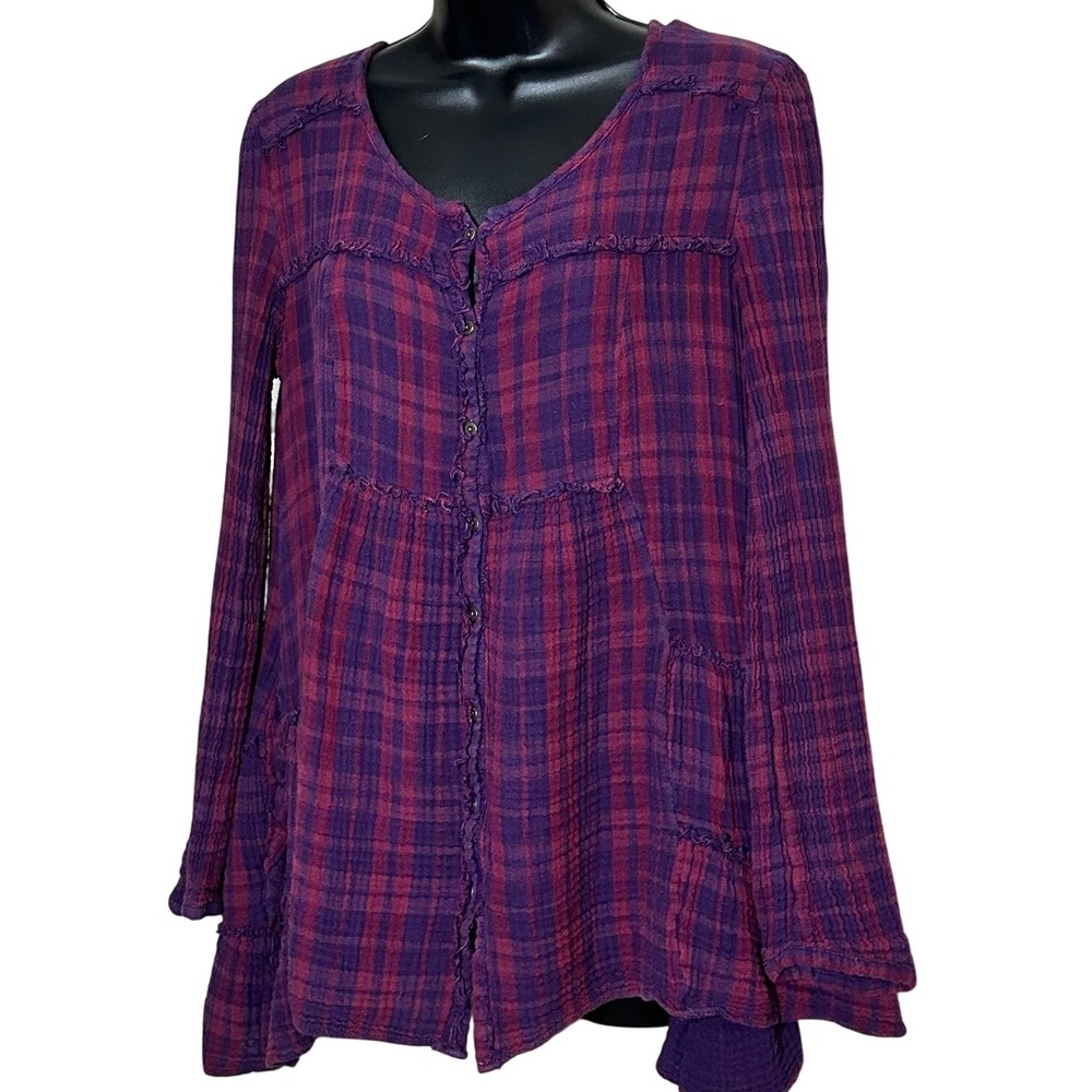 Free People Gauze Texture Purposefully Distressed Plaid Button-Up‎ Women's Top